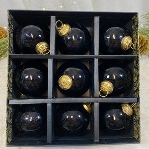 Christian Siriano Black Gold Blown Glass Christmas Holiday Ornaments Set of 9